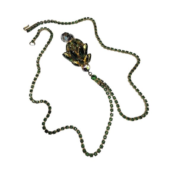 Gold Tone Green Rhinestone Chain Necklace With Rhinestone Pendant – 24” Long - Picture 3 of 6